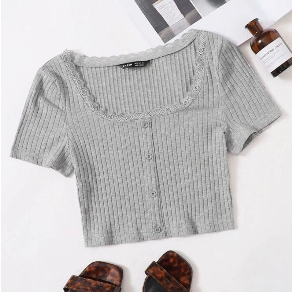 Lace Trim Button Front Rib Knit Tee